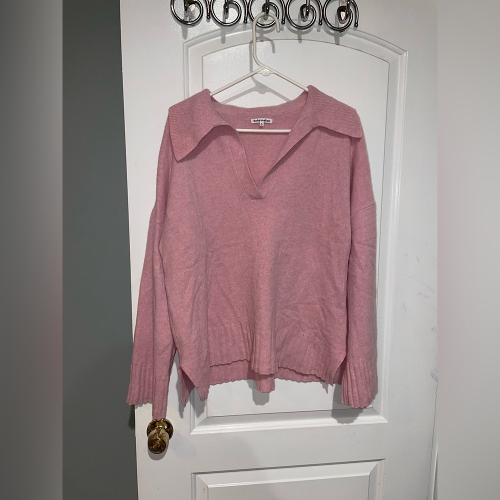 New! Reformation Otto Regenerative Wool Polo Sweater Soft Pink Sweater 🌸 XL - Picture 10 of 15